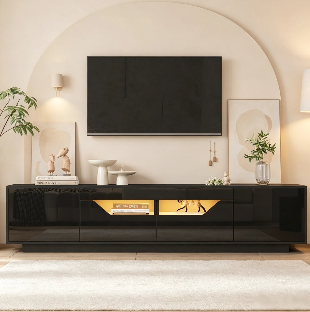 Mobile TV 180x40x45 cm con LED controllabile via app, 2 cassetti, in truciolare nero