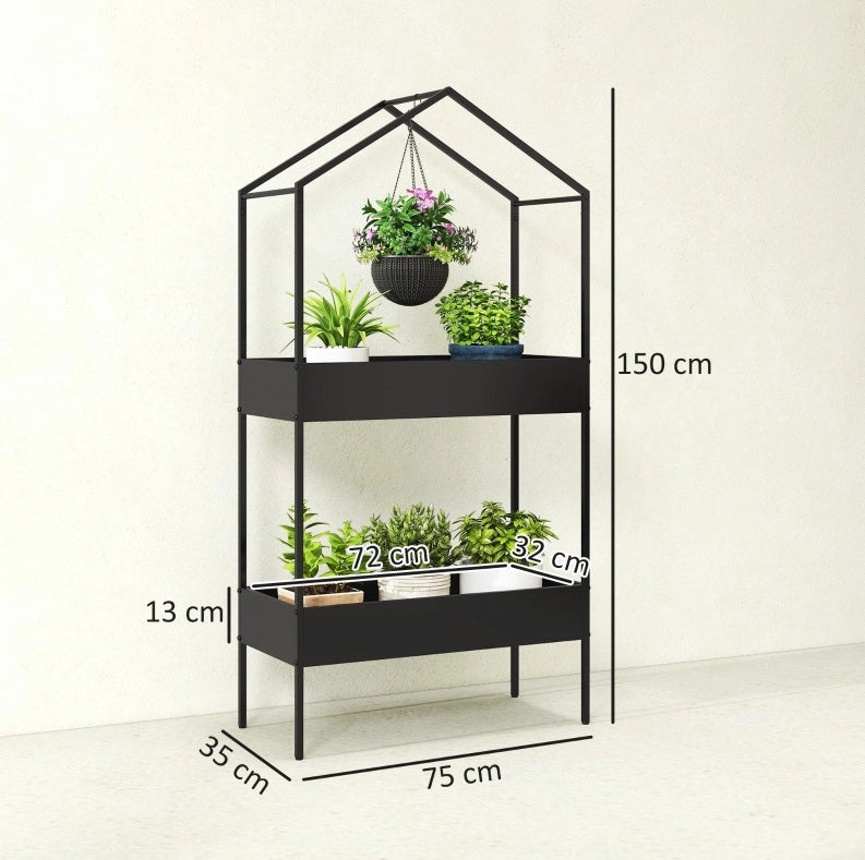 Supporto per piante a 2 livelli a forma di casa, 150 cm, metallo nero con ganci