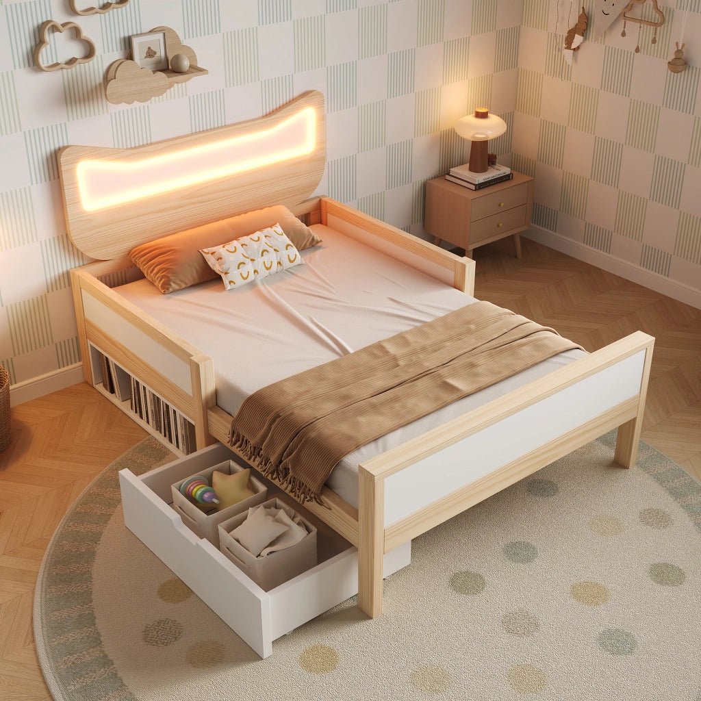 Letto per bambini 90 × 190 cm con LED RGB; cassetto e vano a giorno; senza materasso; bianco e rovere