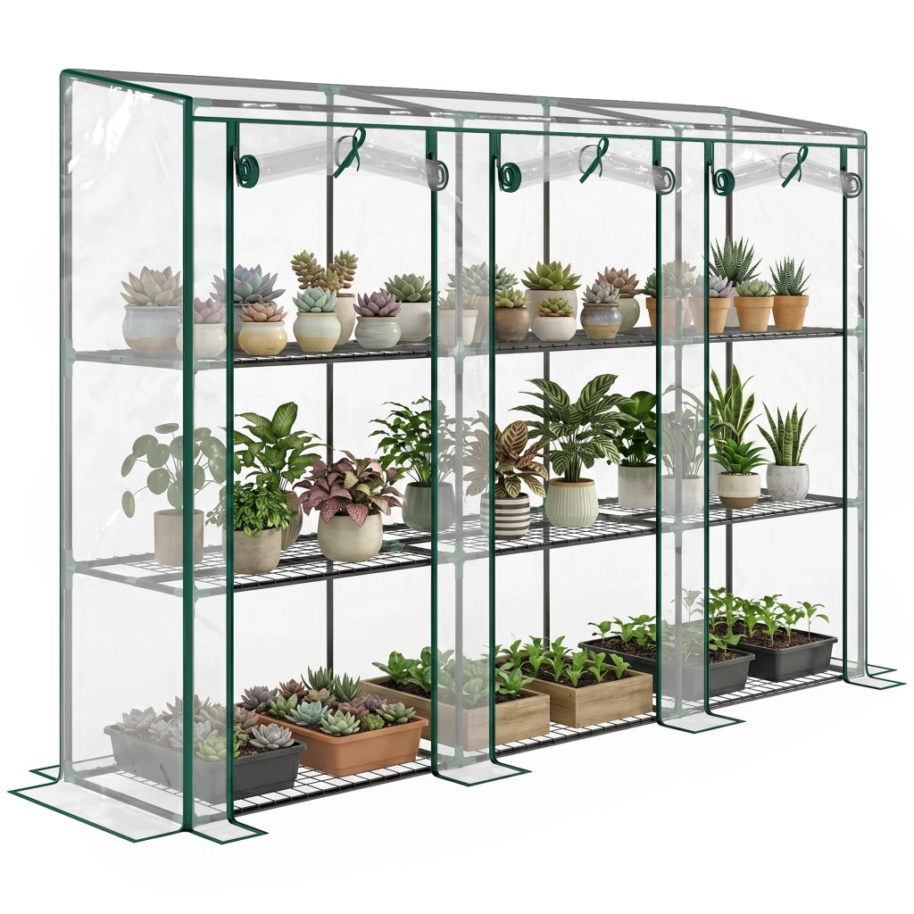 Serra da giardino e balcone con 3 ripiani 3 porte avvolgibili telo in PVC trasparente 215 x 46 x 151 cm per piante