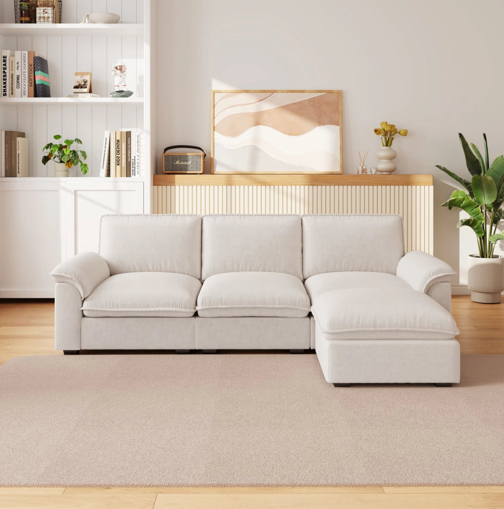 DIVANO Angolare 4 Posti con Ottomana 260x154 cm in Chenille Beige