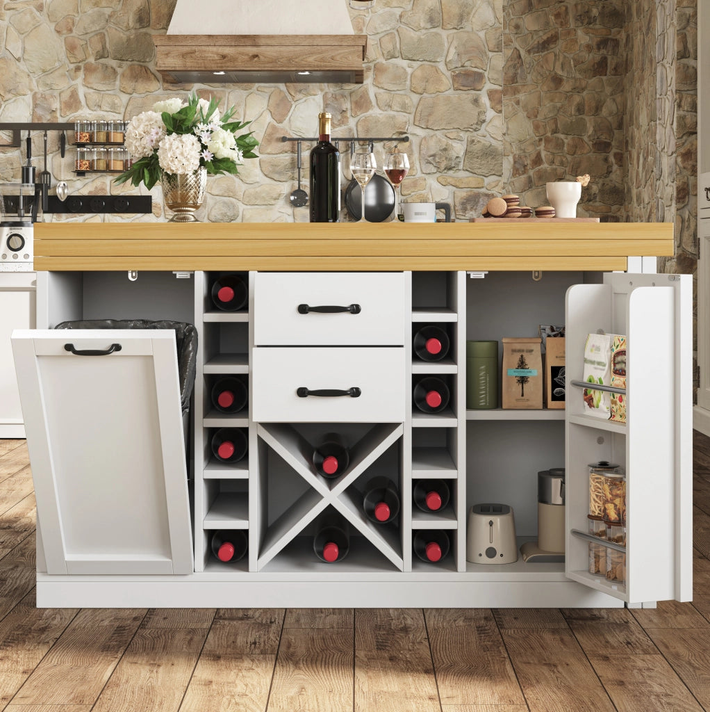 Isola cucina girevole 360° con tavolo 120-223x40x73;8 cm; MDF bianco e metallo