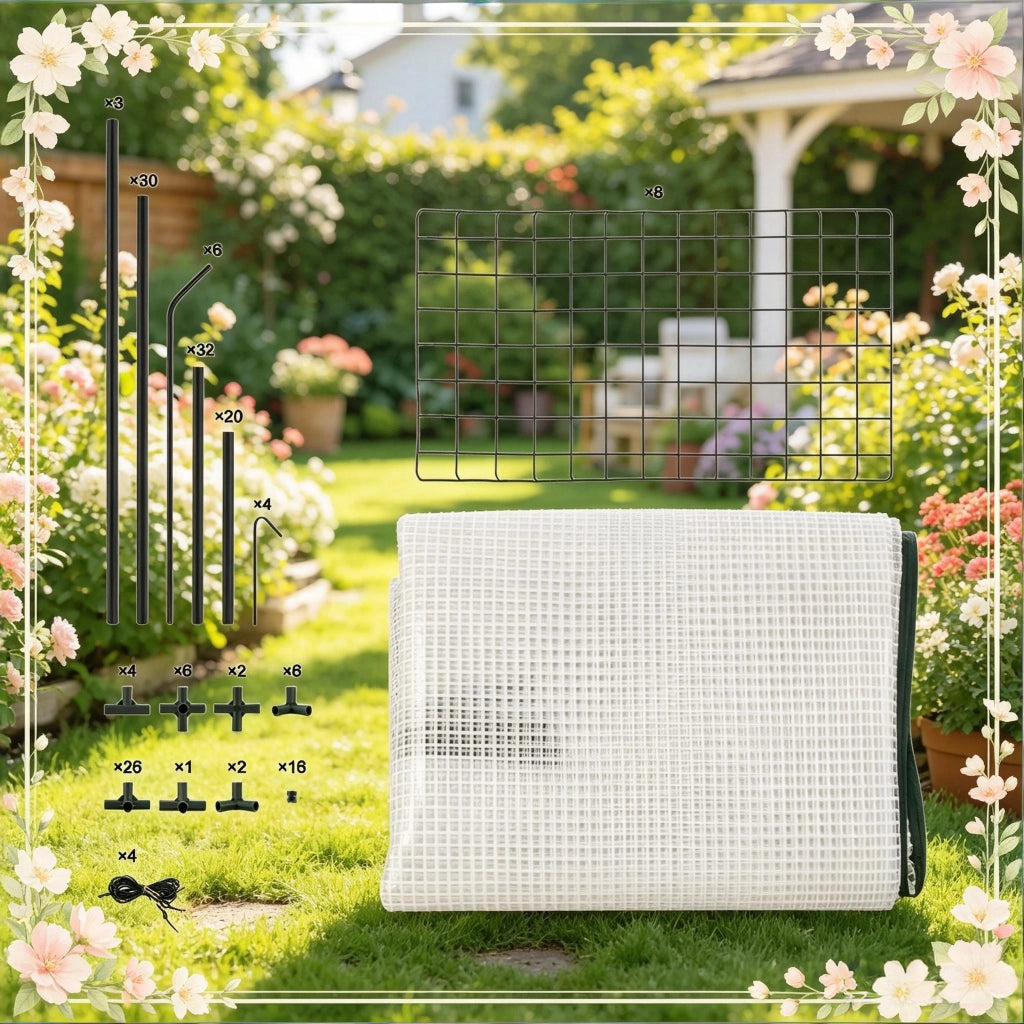 Serra da giardino con zip frontale; rivestimento in PE e struttura in acciaio bianca 143 × 143 × 195 cm