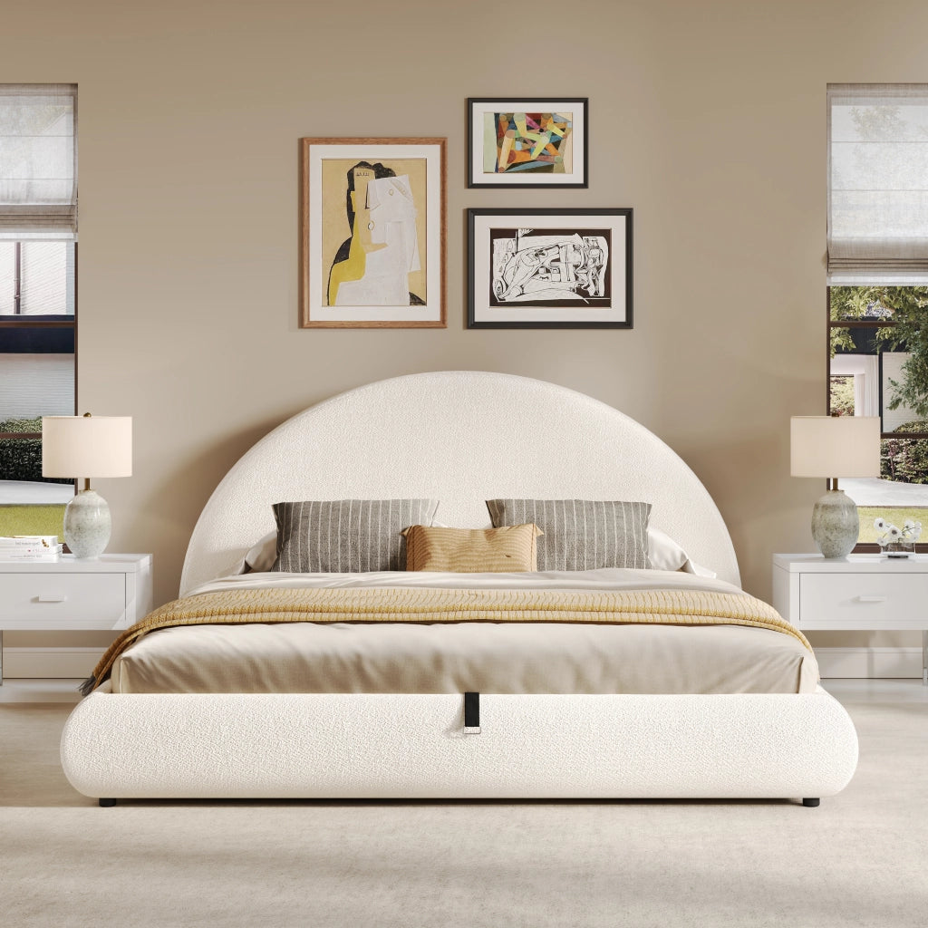 Letto contenitore 160x200 cm; matrimoniale con contenitore idraulico; rete a doghe; testiera capitonné; bouclé; bianco