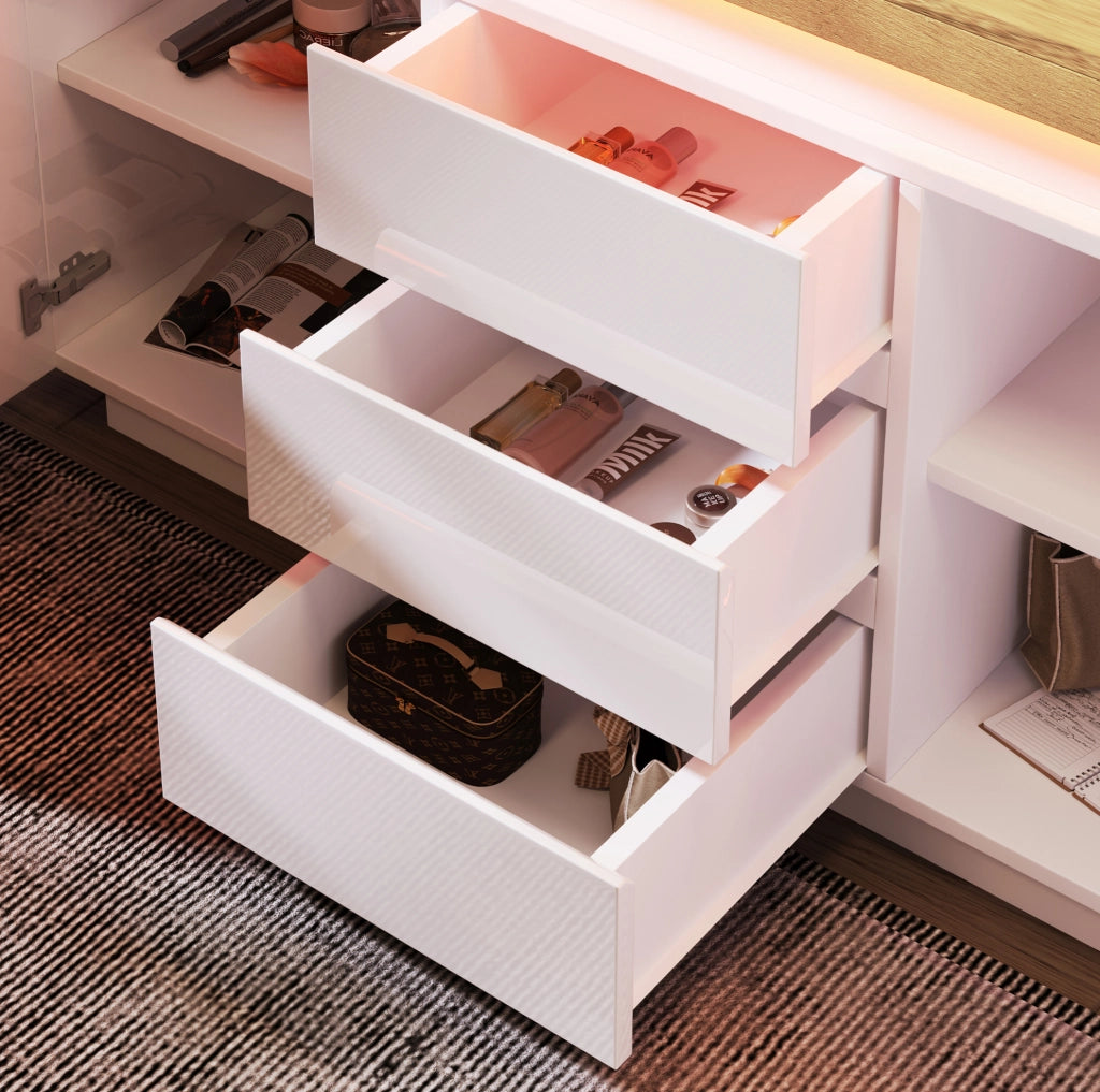 Sideboard bianco lucido con 2 ante, 3 cassetti e illuminazione LED controllabile via app, 81x140x39 cm