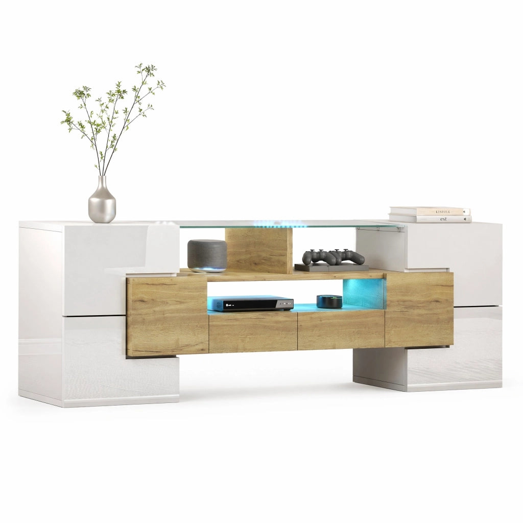 Mobile TV lucido bianco e oro con LED, 145 cm