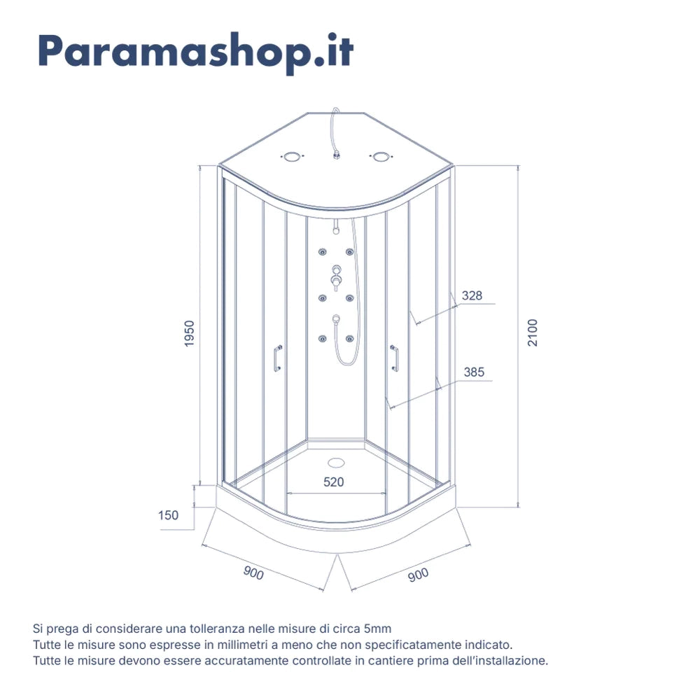 Cabina doccia idromassaggio semicircolare 90x90cm multifunzione h215cm | Sark