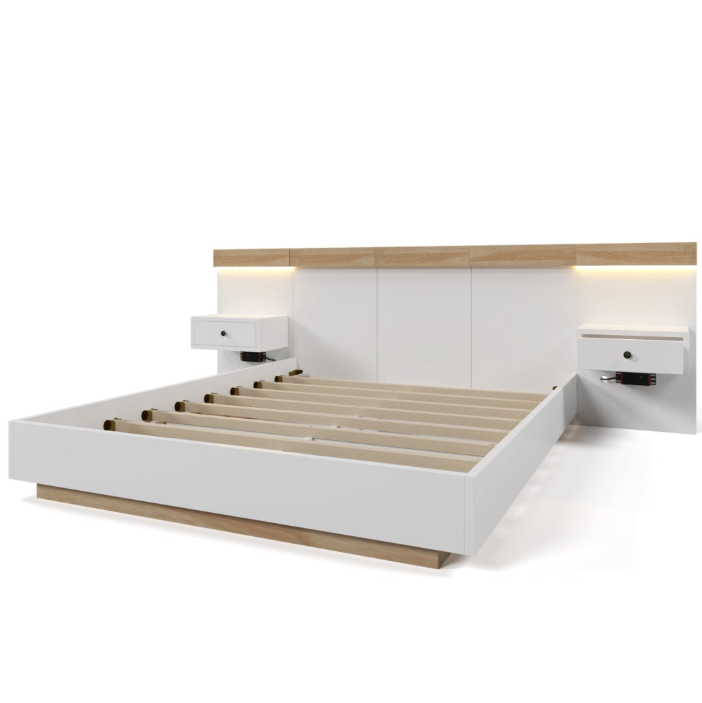 Letto matrimoniale 160x200 cm con 2 comodini LED, prese USB-C e struttura in Rovere Sonoma/Bianco