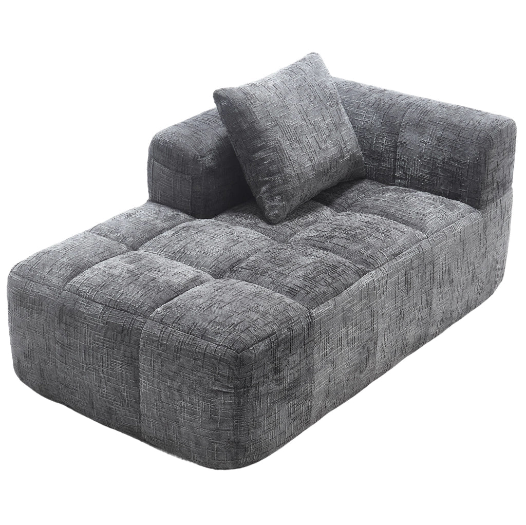 Divano chaise longue in ciniglia grigio con tasche laterali e cuscino