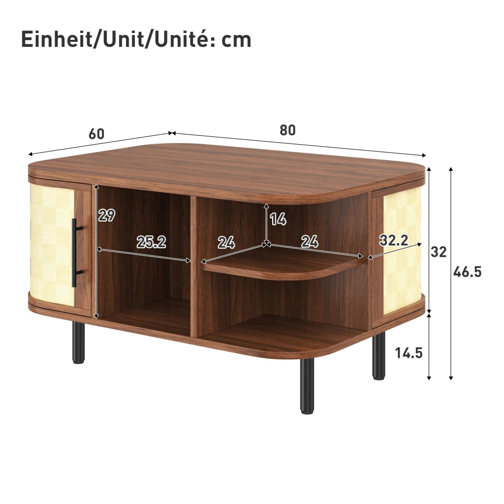 Tavolino da salotto con forma curva; vani aperti e ante intrecciate; MDF color noce 80x60x47 cm