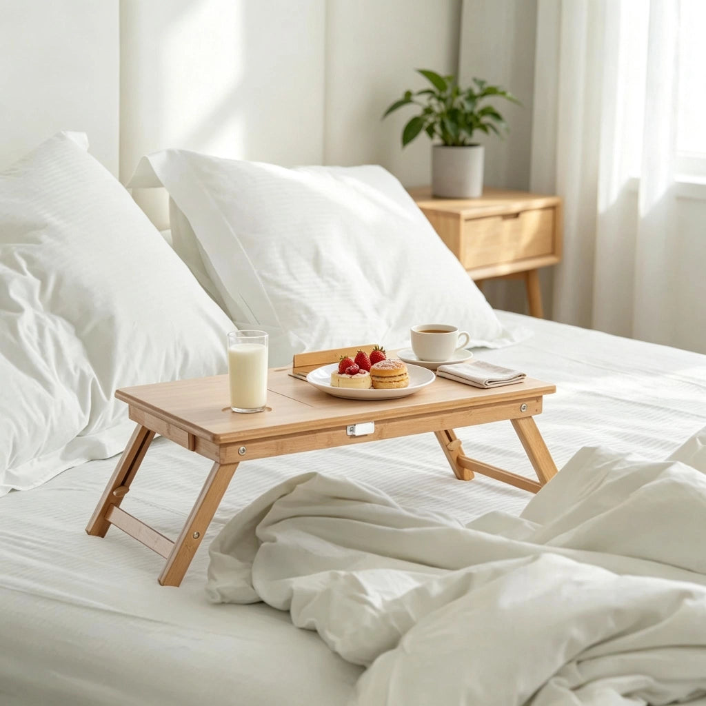 Tavolo pieghevole in bambù regolabile e inclinabile con piano ventilato e cassetto naturale 55 × 35 × 22-32.5 cm