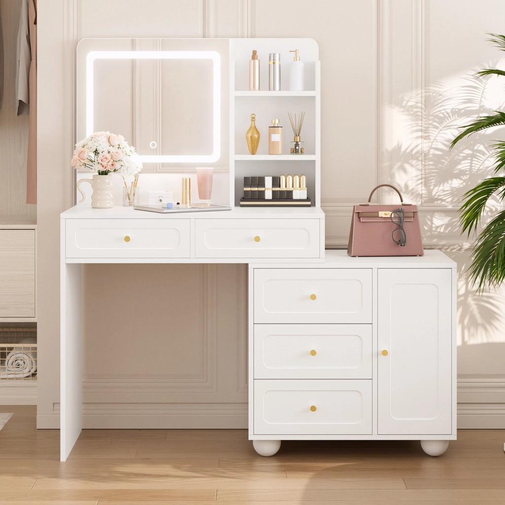 Tavolo da trucco 80x39;8x127 cm con specchio LED a 3 modalità; 5 cassetti; anta e ripiani; bianco