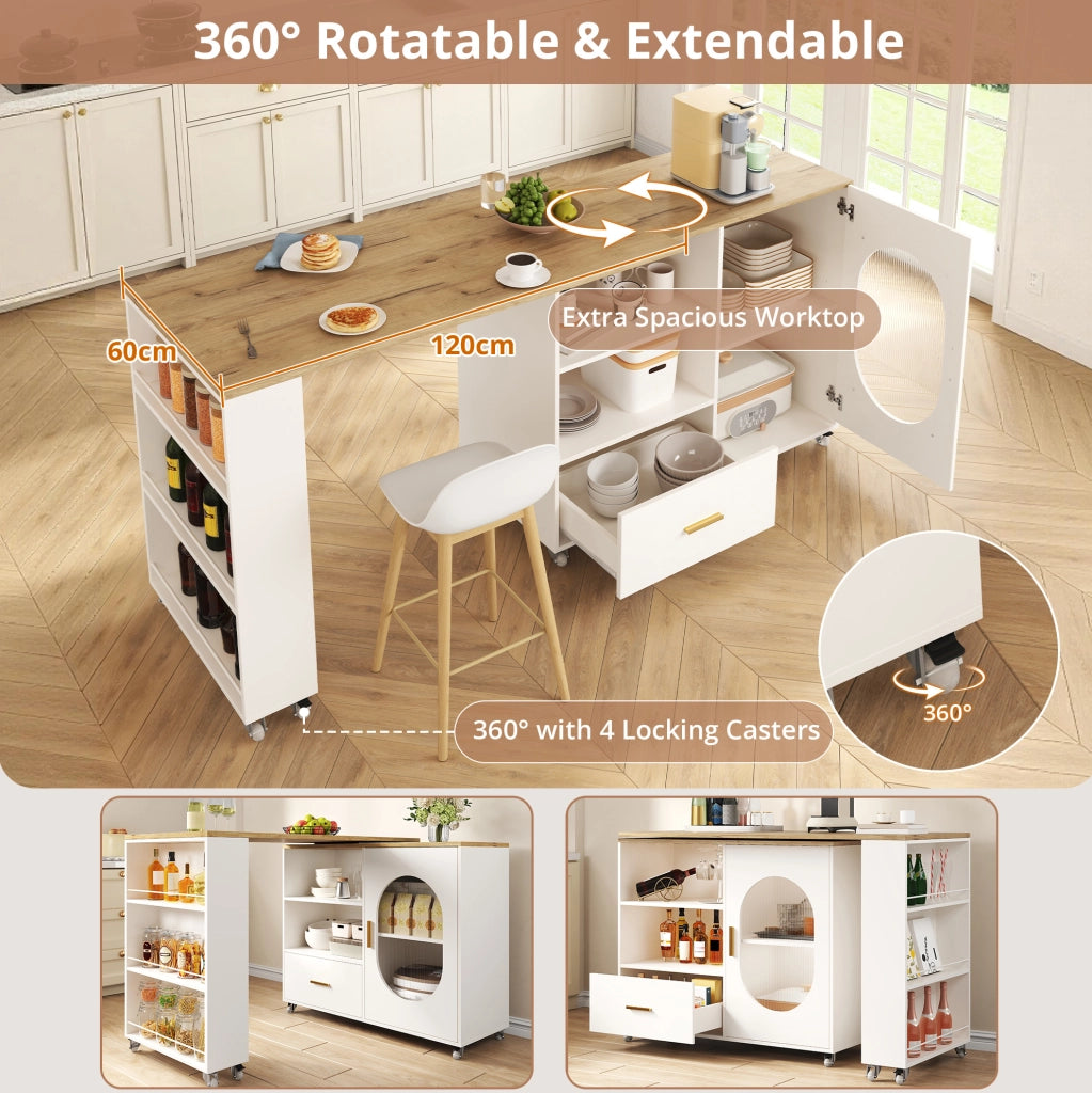 Isola da cucina mobile con piano girevole 360°, con spazio contenitivo, cassetto e ripiano regolabile, 120–180×60×90 cm, bianco e finitura naturale