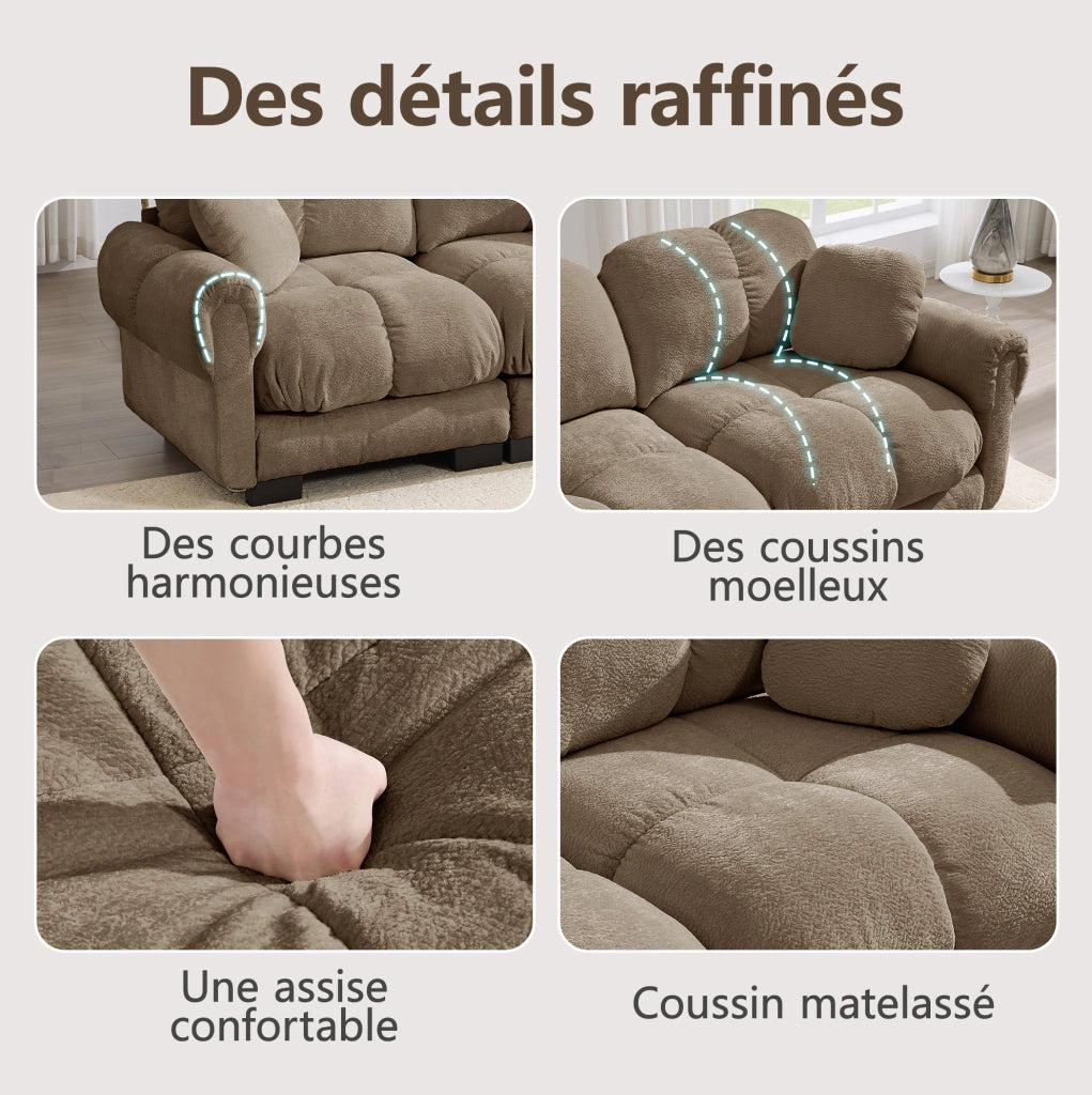 Divano a 3 posti a U in tessuto chenille marrone con pouf mobile e 2 cuscini decorativi