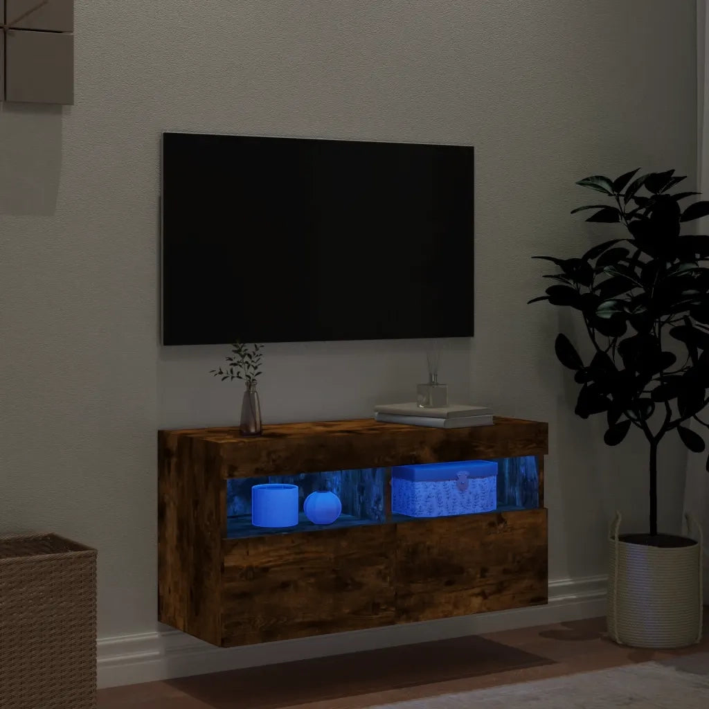 Mobile TV a Parete con Luci LED Rovere Fumo 80x30x40 cm 837205