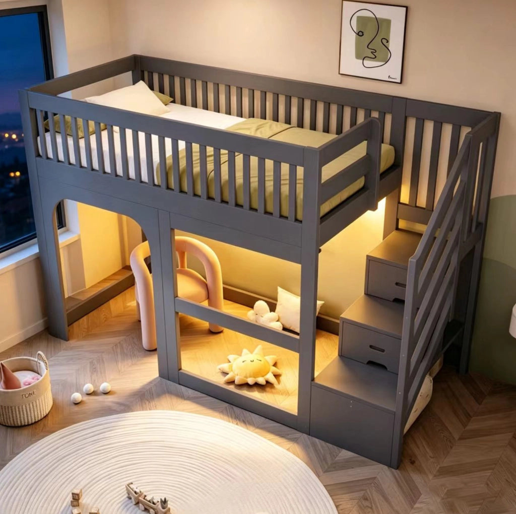 Letto a soppalco per bambini 90x200 cm con scala contenitore, LED e sponde grigio