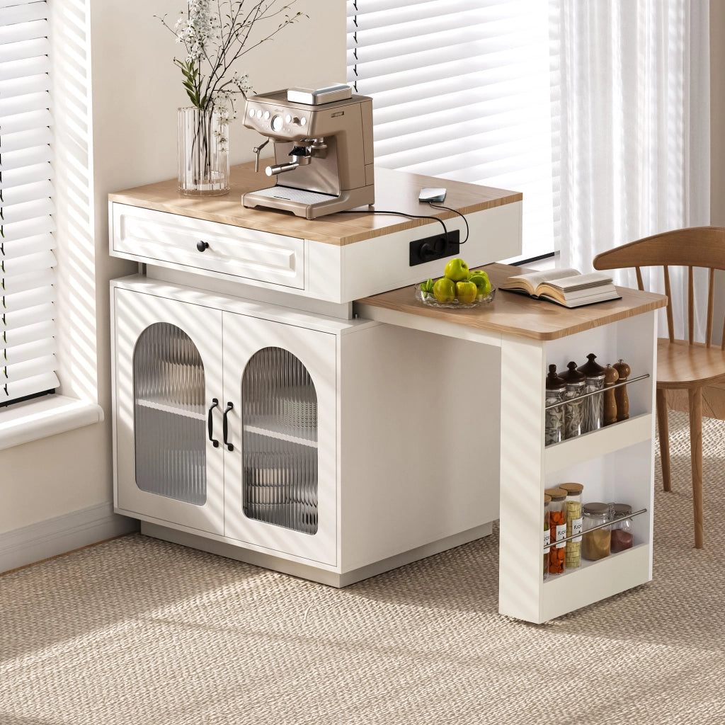 Isola Cucina con Ruote e Tavolo da Pranzo Allungabile; Tavolo Bar con Prese Elettriche; LED a 5 Colori; 128-200 cm; Bianco