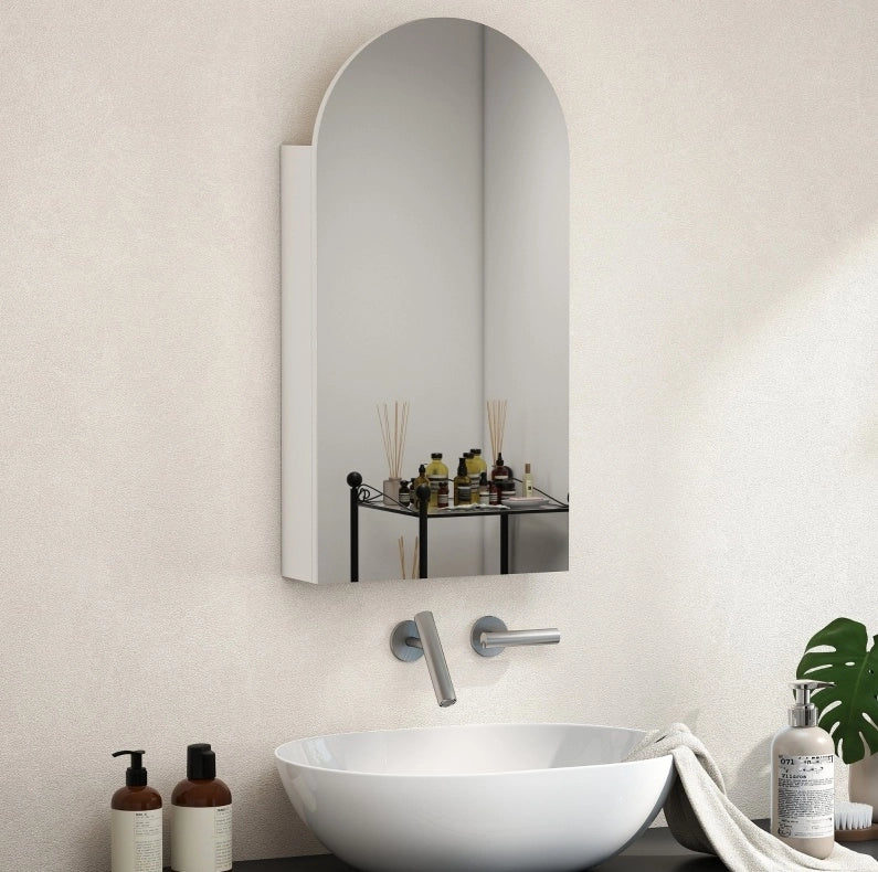 Mobiletto bagno specchiera con specchio ad arco senza cornice, ripiani in vetro regolabili, bianco, 40x12x80 cm