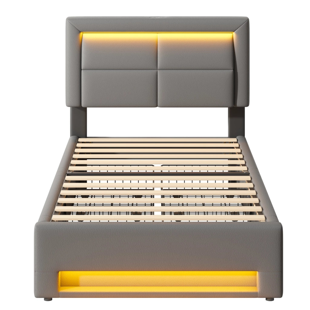 Letto imbottito con USB, LED e 4 cassetti, 90x200 cm, grigio