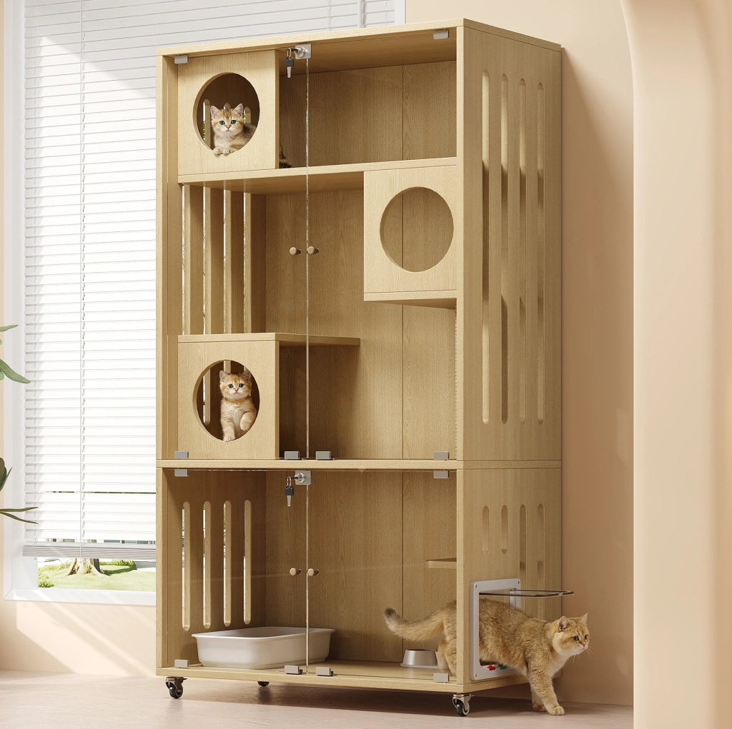 Gabbia per Gatti in Legno 90 x 50 x 166 cm - 3 Livelli con Ruote e Porta Colore Naturale
