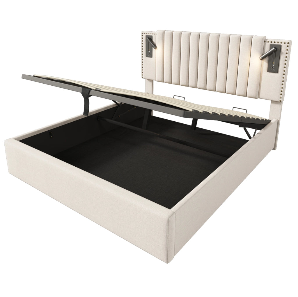 Letto matrimoniale imbottito beige 180x200 cm con contenitore, luce da lettura USB e struttura in cotone