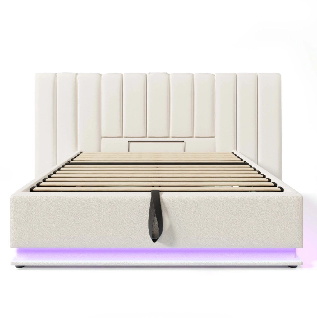 Letto 180x200 cm con contenitore, LED, USB e USB-C in PU bianco con materasso
