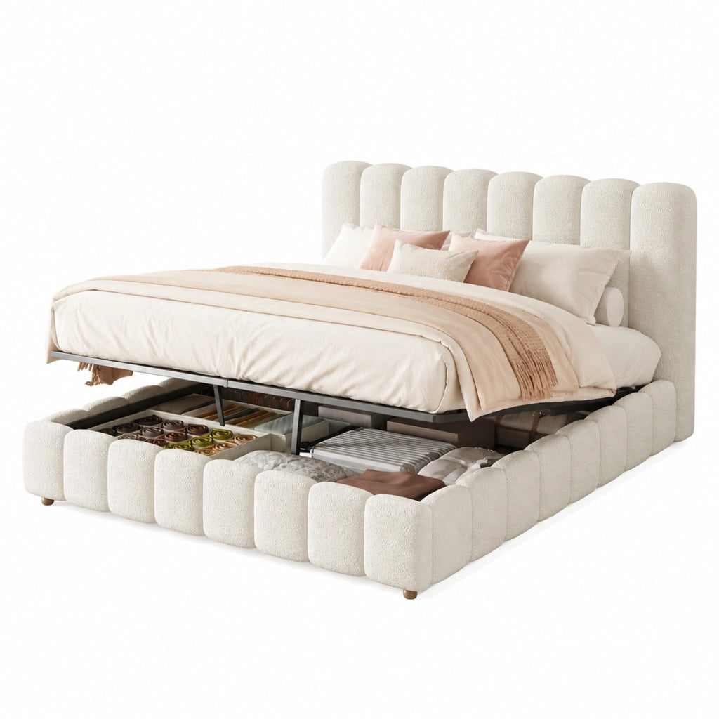 Letto 160x200 cm con contenitore idraulico, rete a doghe e rivestimento boucl¨¦ bianco