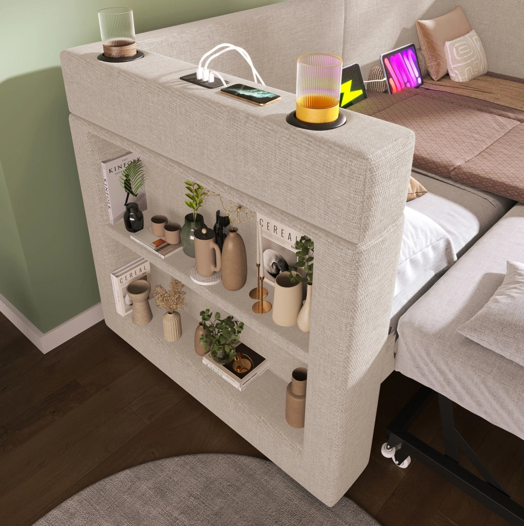 Divano letto estraibile 90x200 cm beige con USB, Type-C, portabicchieri e ripiani