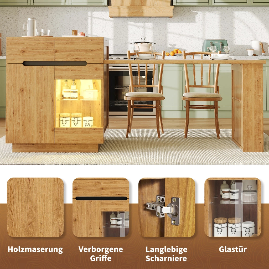 Isola da cucina con tavolo estraibile LED controllabile tramite app e telecomando in MDF colore legno 122-195 cm