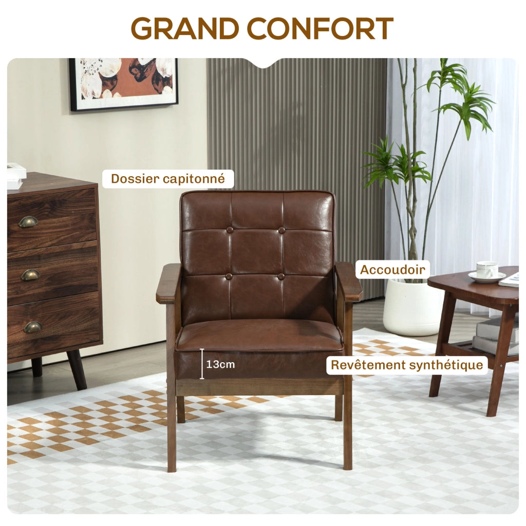 Poltrona da soggiorno ¨C Xylo ¨C similpelle marrone, schienale capitonn¨¦, gambe legno massello 64x73x81cm