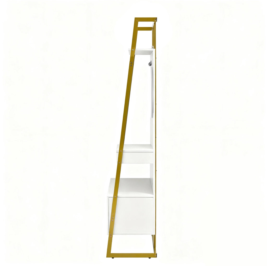 Garderoba compatta bianca con specchio, appendiabiti in metallo e vano porta scarpe, design minimalista per ingresso