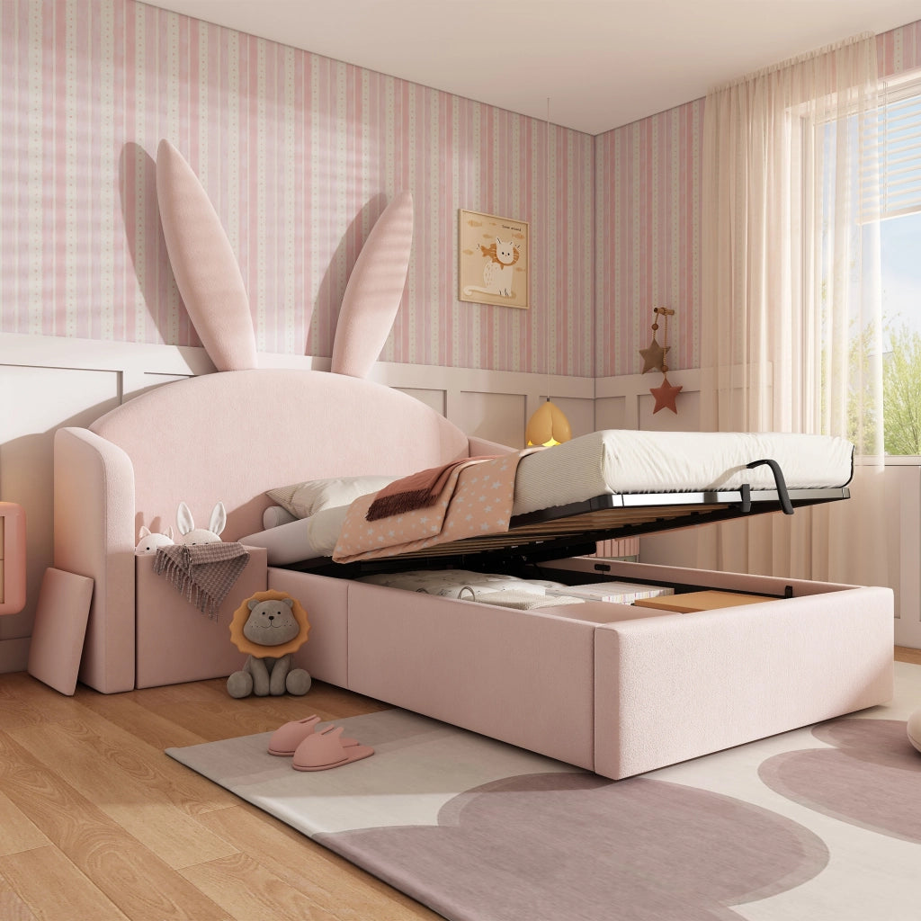 Letto per bambini 90x190 cm, letto idraulico con contenitore, testiera imbottita, forma a orecchie di coniglio, tessuto in velluto, rosa