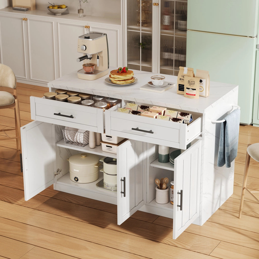 Isola da cucina con 3 ante; 2 cassetti; ripiani regolabili; prese e USB; portaasciugamani; 120 x 60 x 91 cm