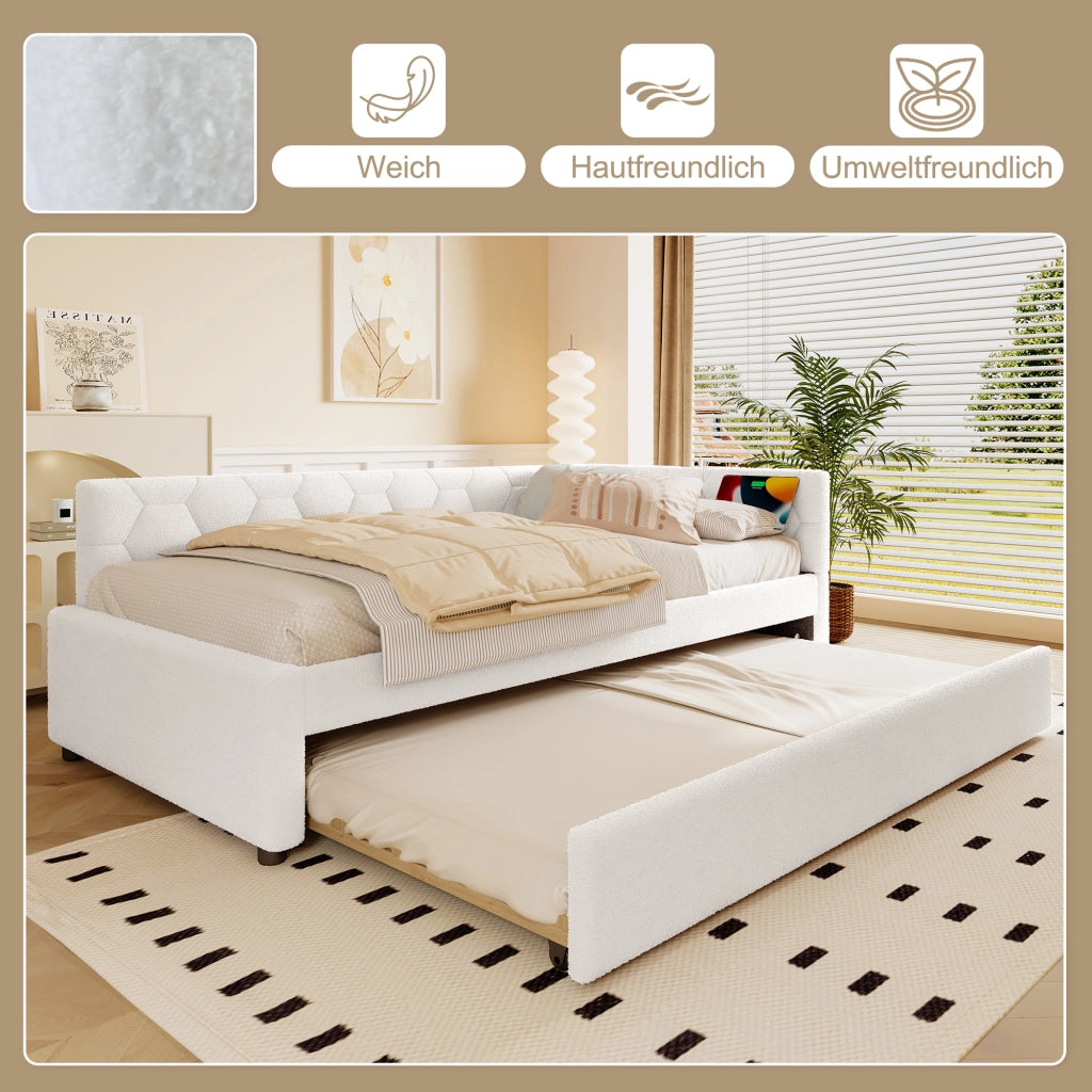Letto divano singolo 90 × 200 cm con letto estraibile; USB; tipo C e lampada; senza materasso; bouclé bianco