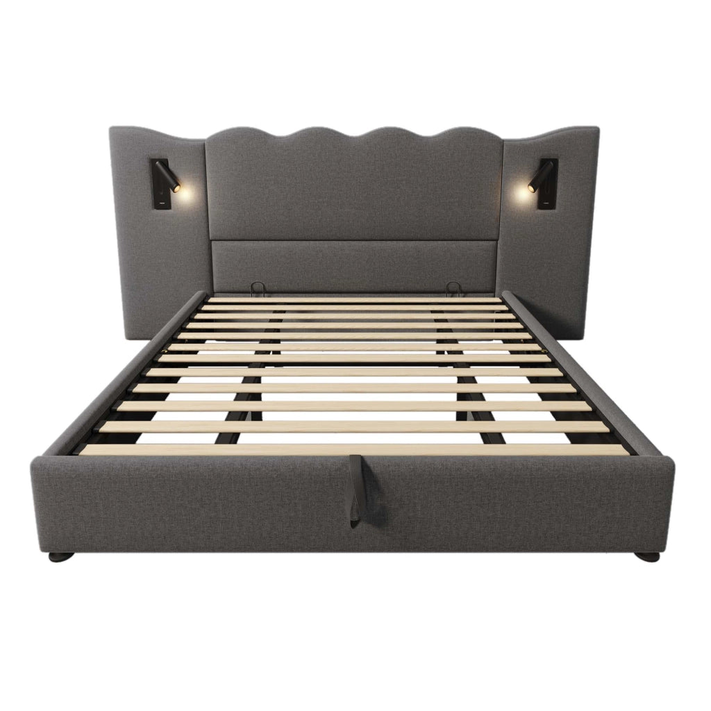 Letto Matrimoniale 180x200 cm Imbottito Contenitore con USB-C; Lino; Grigio