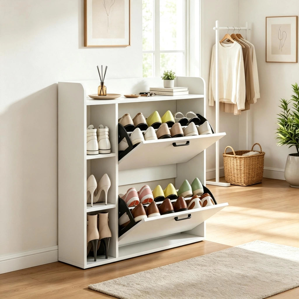 Scarpiera con 2 vani ribaltabili e 3 scomparti laterali in pannello truciolare bianco per 15 paia 83 × 24 × 90.5 cm