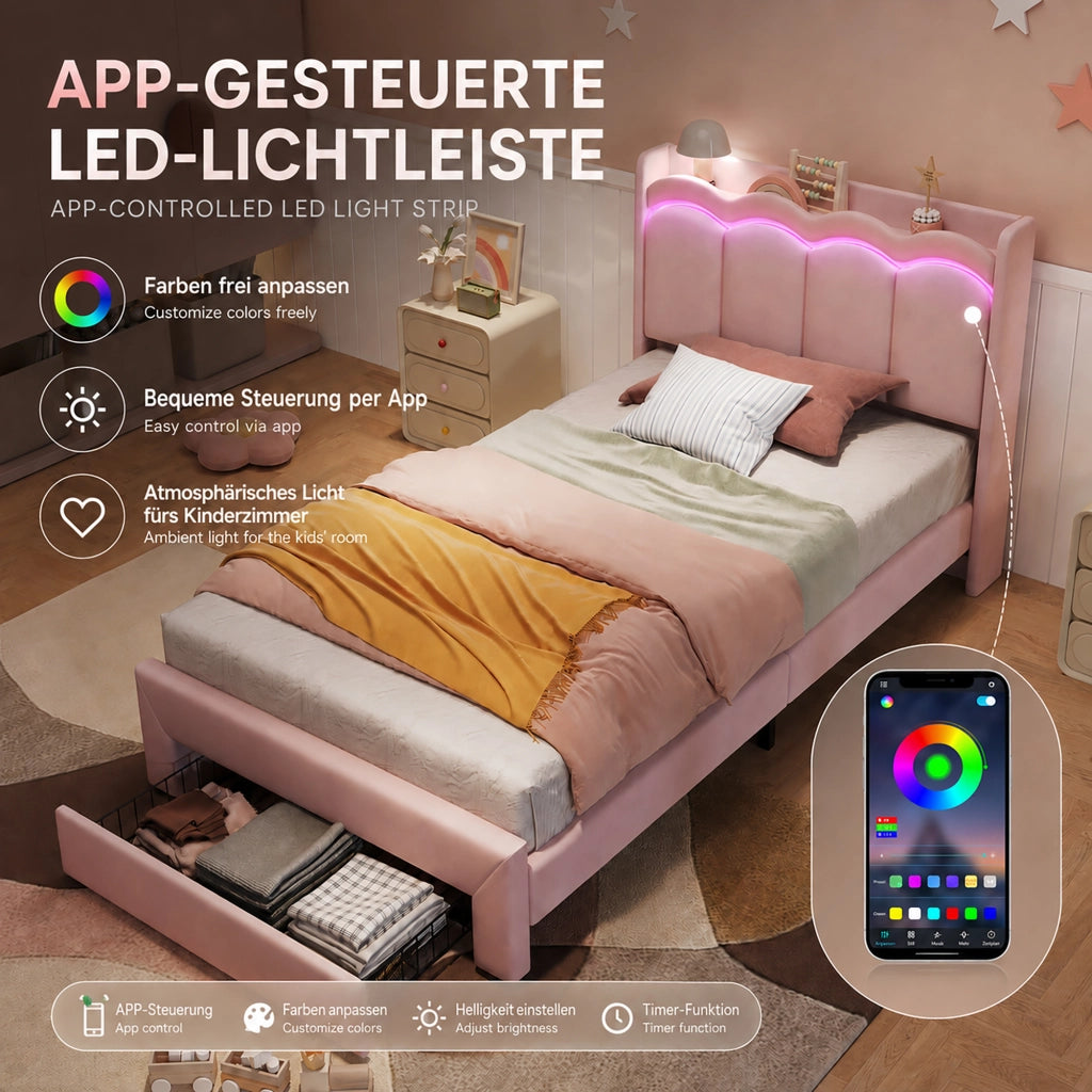 Letto singolo imbottito 90 x 200 cm in velluto rosa con cassetto; LED e testiera a onde