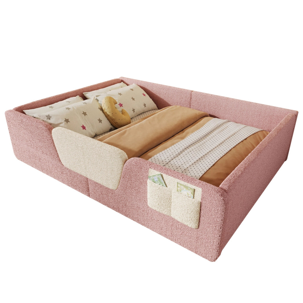 Letto per bambini imbottito 140 ¡Á 190 cm in velluto rosa con sponde removibili e tasca portaoggetti