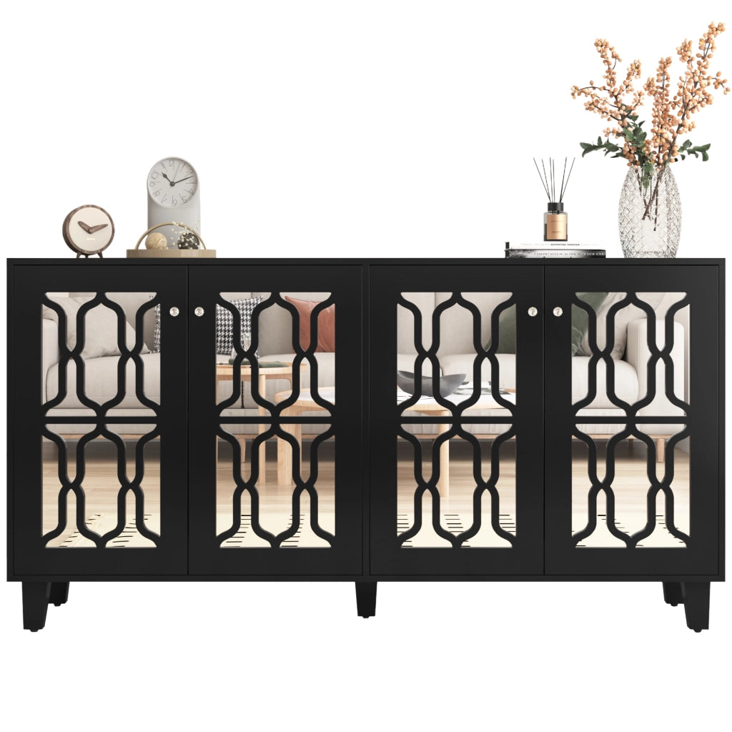 Credenza a specchio con 4 ante e 2 ripiani regolabili, per soggiorno e sala da pranzo, in MDF nero, 160 × 40 × 84 cm