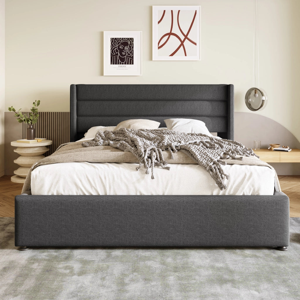 Letto contenitore 180 × 200 cm con sollevamento idraulico testiera imbottita in lino grigio con rete a doghe