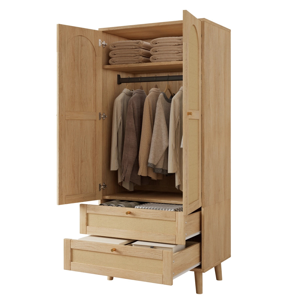Armadio con 2 ante, appendiabiti, ripiani e 2 cassetti per camera, in MDF naturale, 80 × 50 × 180 cm