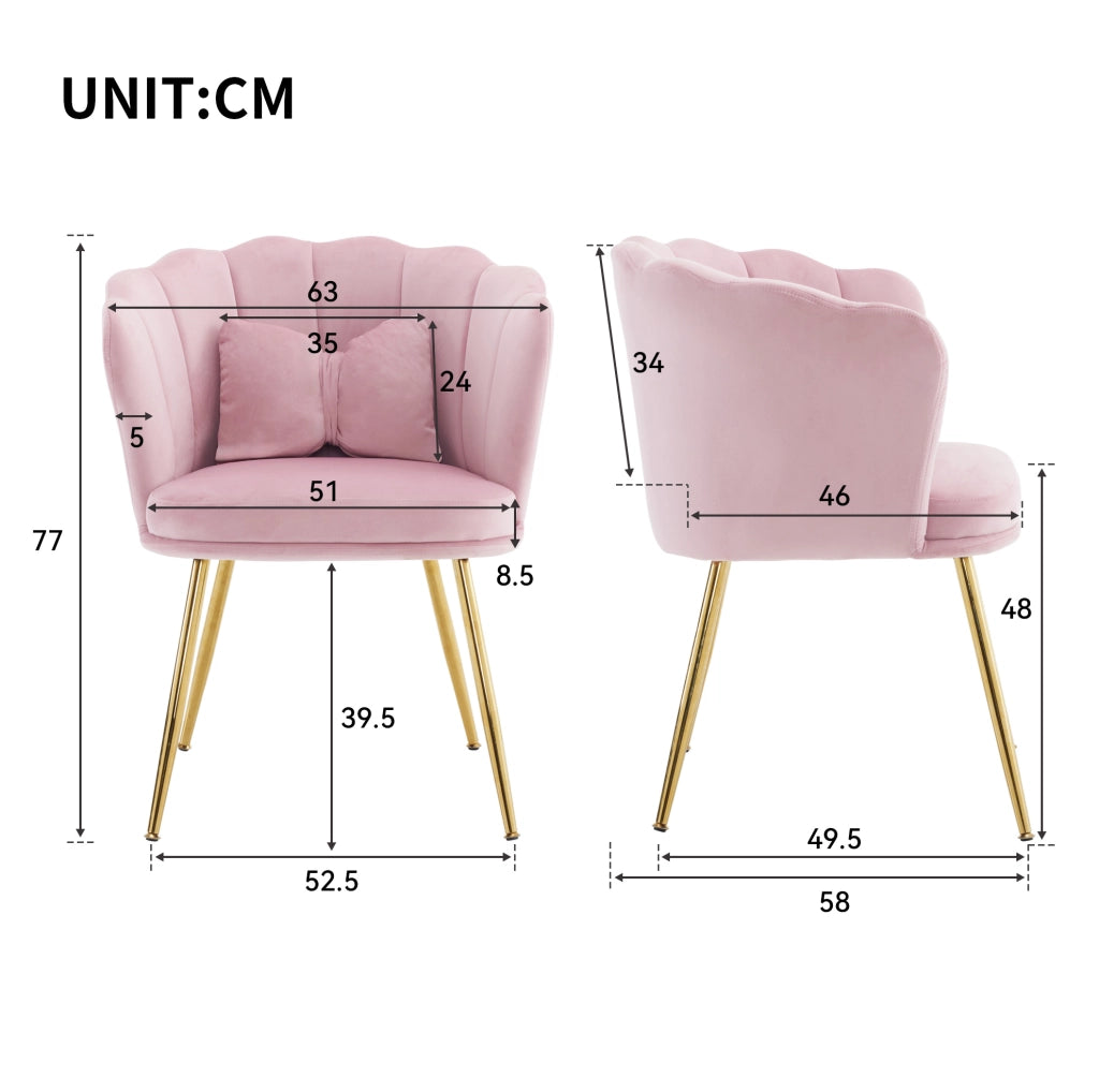 Set di 4 sedie imbottite in velluto rosa con schienale a petalo e gambe in metallo dorato