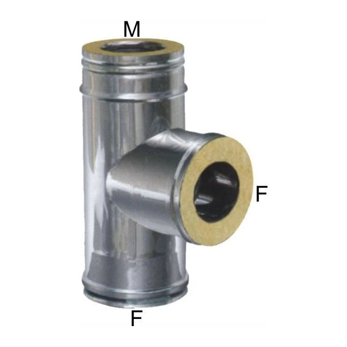 MARAL Gomito a T inox 20-25 doppia parete Acciaio inox Aisi 316L parete interna Acciaio inox Aisi 304 parete esterna Finitura lucida Isolamento coppella in lana di roccia 25 mm colore Acciaio