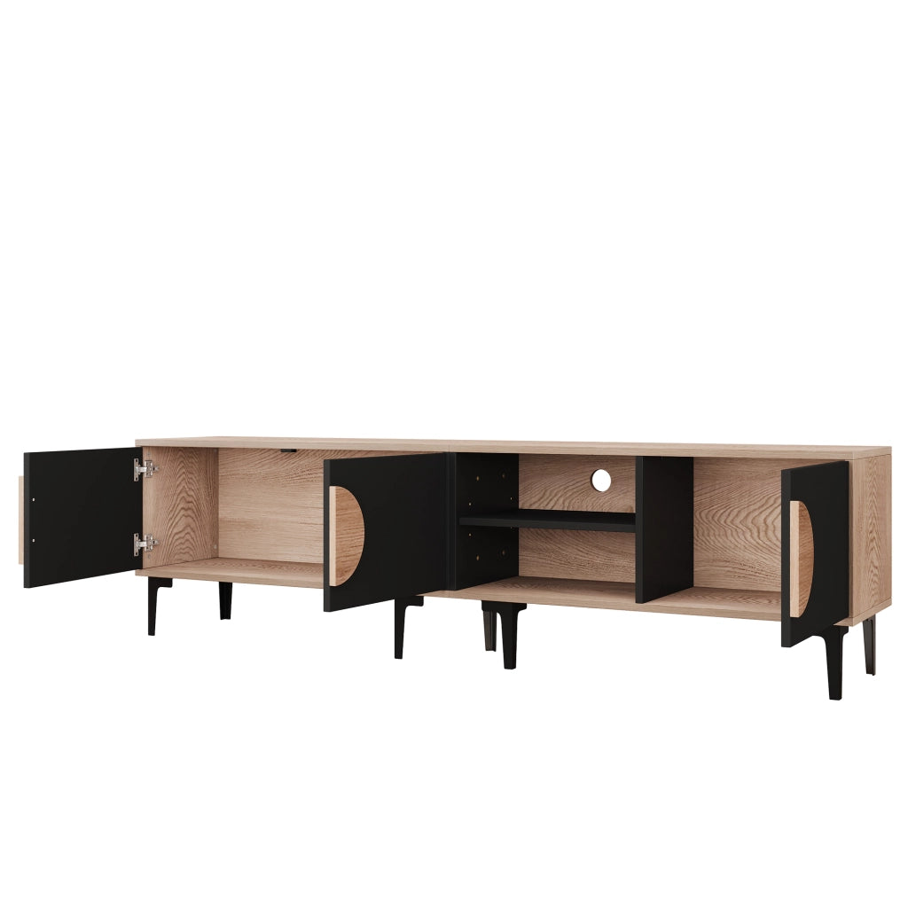 Mobile TV 180x35x49 cm con 3 ante e vani aperti; rovere e nero per TV fino a 80 pollici