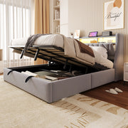 Letto contenitore 180 × 200 cm imbottito con testiera LED prese USB e Type-C in velluto grigio chiaro
