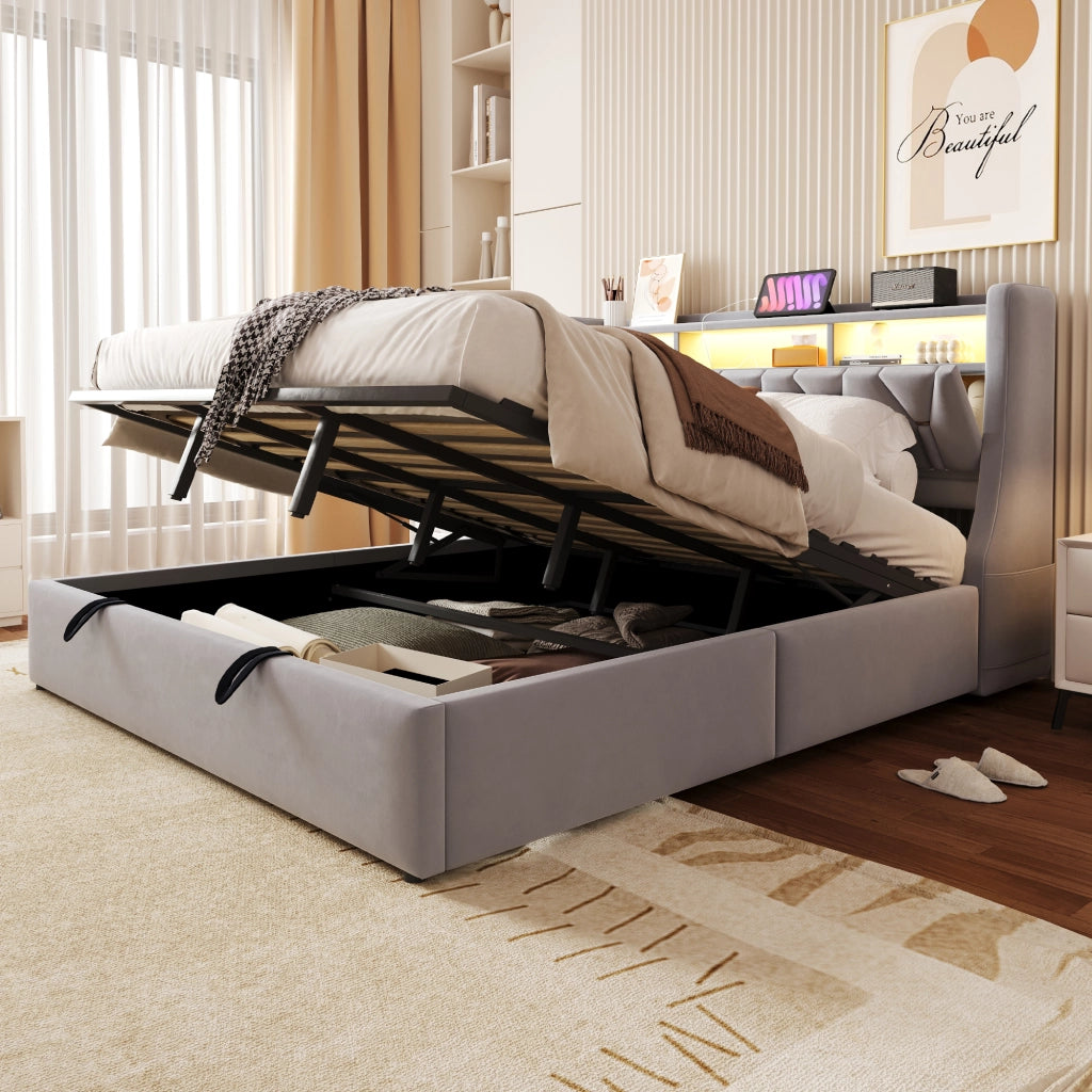 Letto contenitore 180 × 200 cm imbottito con testiera LED prese USB e Type-C in velluto grigio chiaro
