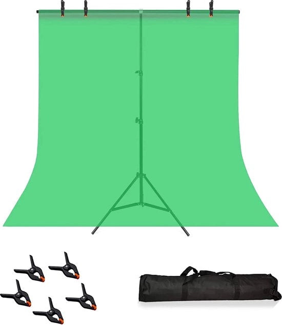 Set di sfondo fotografico fotostudio verde, standaard T per sfondo fotografico regolabile in altezza 80 x 200 cm, 150 x 200 cm schermo verde pieghevole con stand e 5 viti per fotografie, video e tv