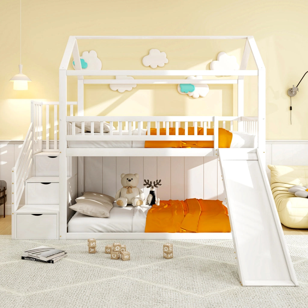 Letto a soppalco 90 × 200 cm con scivolo e scala contenitore in legno bianco; rete a doghe e sponde alte