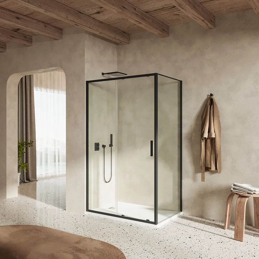 Box doccia slim 90x140cm con porta scorrevole e parete fissa profili nero opaco e vetro 6mm trasparente h190| Portofino