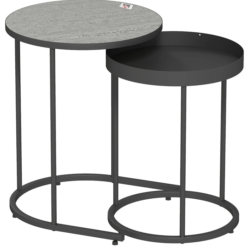 Set di 2 tavolini da salotto impilabili in MDF e metallo grigio, design con bordo alzato